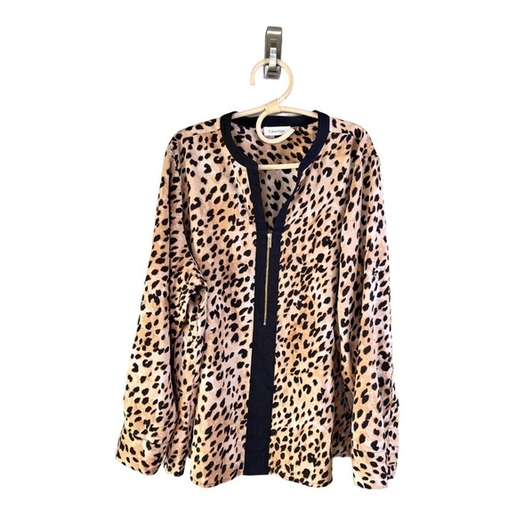 Calvin Klein Leopard Animal Print Split Neck Zipper Tunic Top Womens Size 3X - Picture 2 of 16